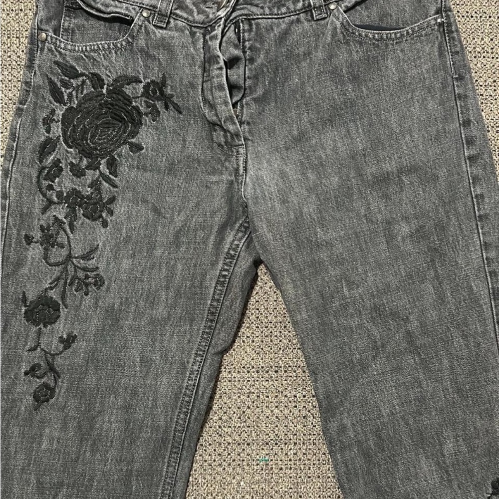 Elie Tahari Gray Straight Leg Jeans with Black Floral Embroidery
